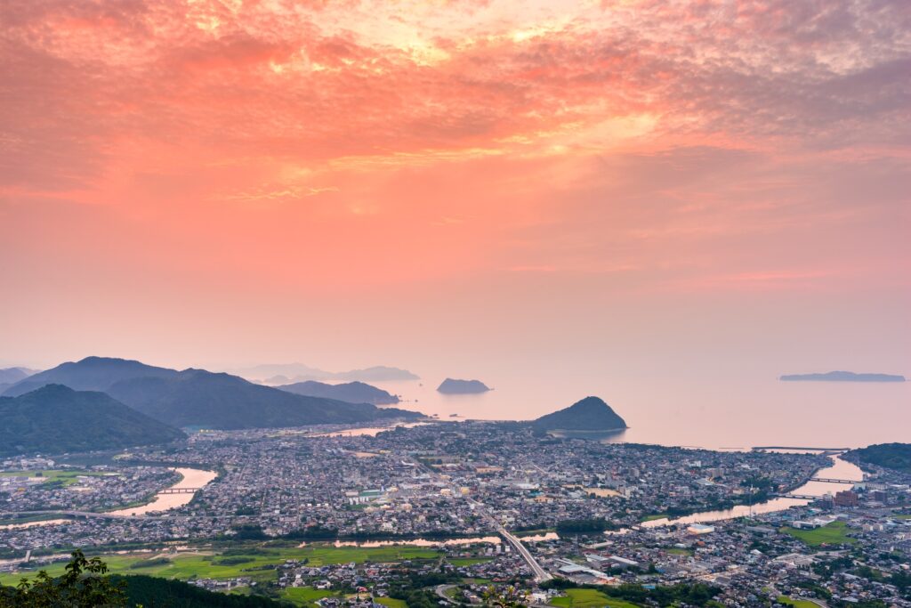 Hagi, Yamaguchi, Japan Town Skyline At Dusk On The Sea Of Japan.