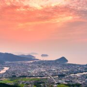 Hagi, Yamaguchi, Japan town skyline at dusk on the Sea of Japan.