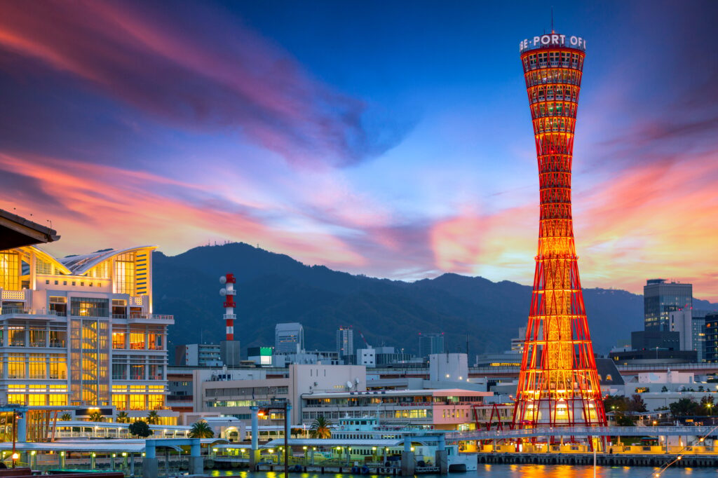 Japan Kobe Port Skyline And Skyscraper At The Port And Tower, Kansai, Kobe Osaka, Japan.
