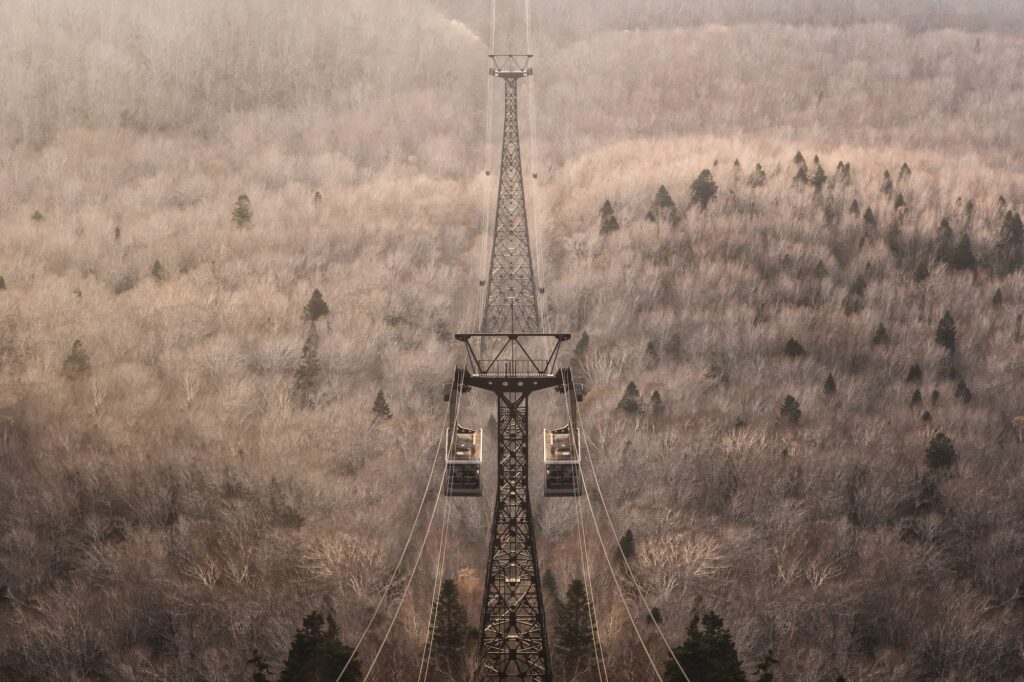 Landscape Scene Of Mount Hakkoda And Ropeway In Autumn Season, Aomori, Tohoku Region, Japan.